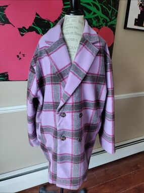 Women's Time and Tru Lavender and Gray Plaid Double-Breasted Pea Coat Size 1X